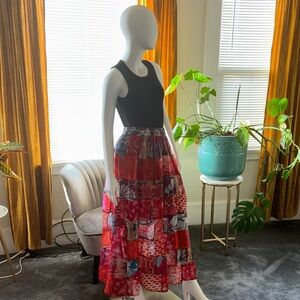 Boho Patchwork Red Tiered Maxi Skirt - Women